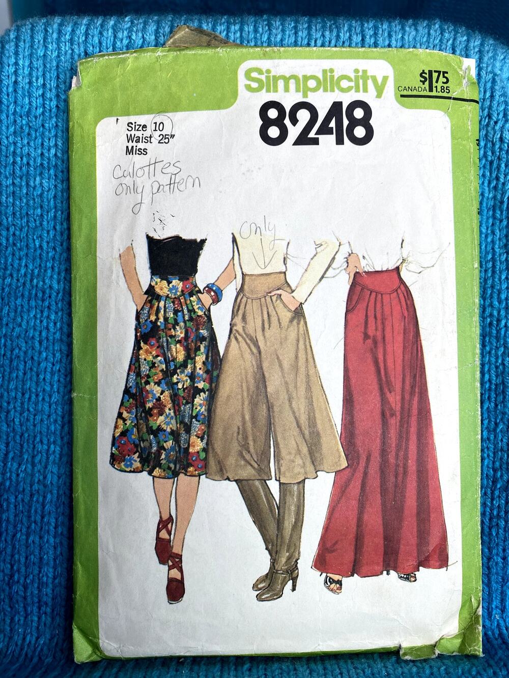 Simplicity 8248 Sewing pattern Culottes 1970s size 10